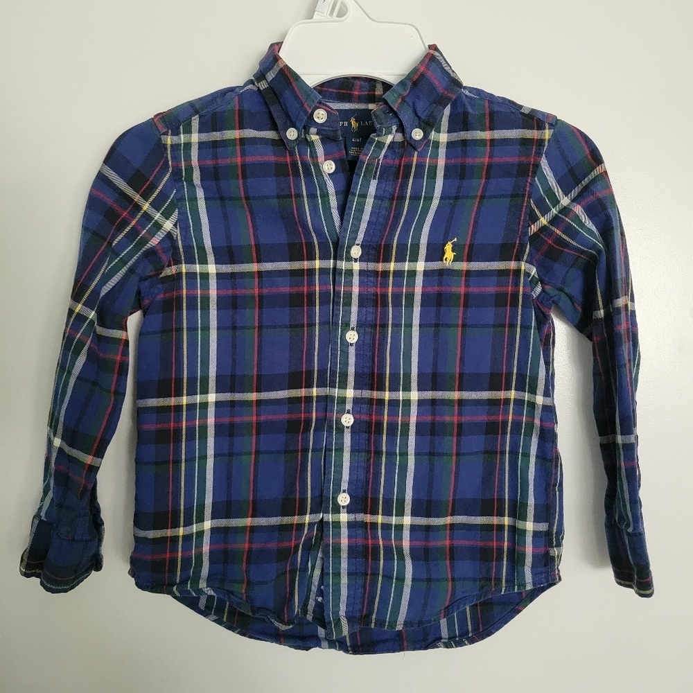 Polo Ralph Lauren 100% Cotton Long Sleeve Button Down Boys 4 Plaid Blue